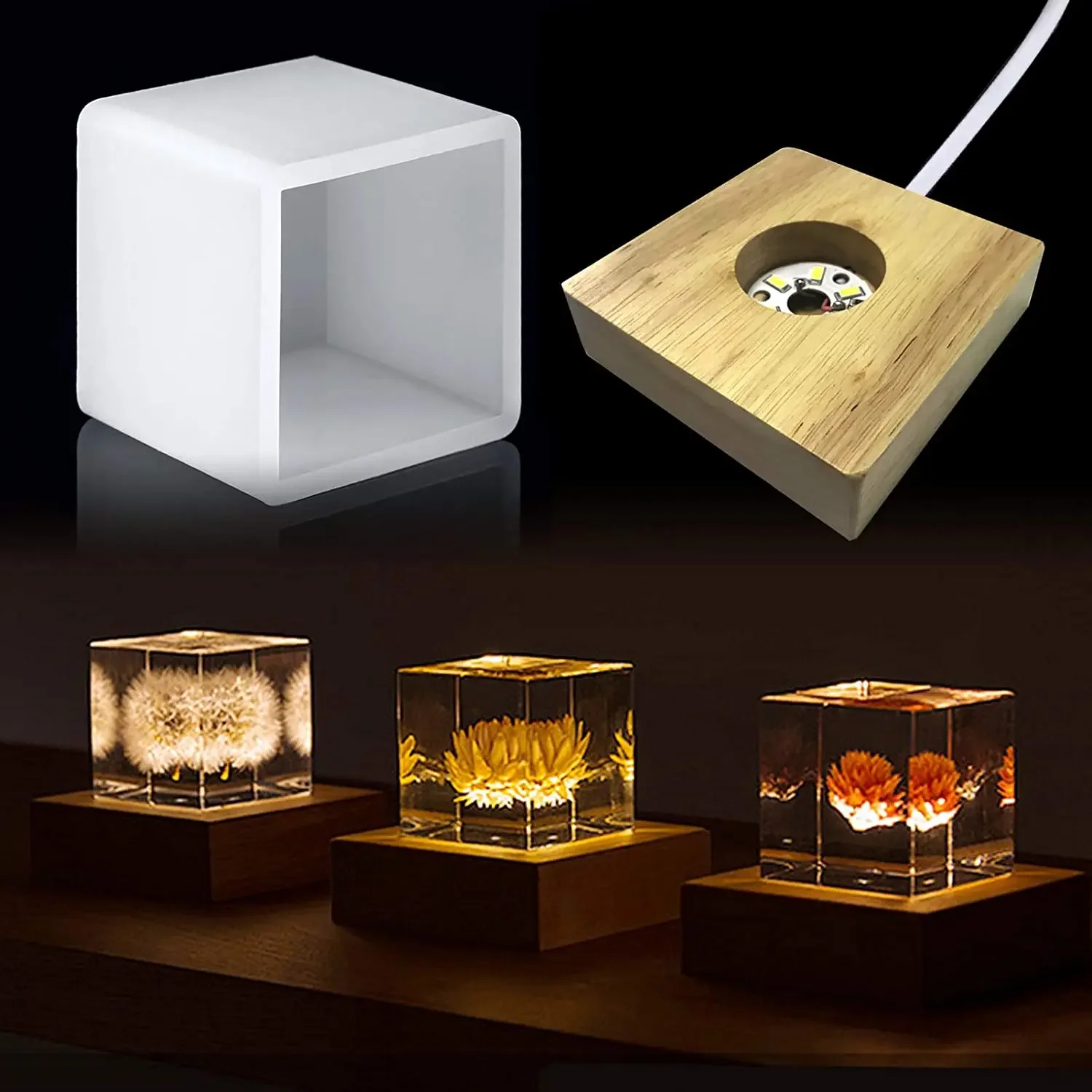 Woodworking Resin - แม่พิมพ์เรซินแสงสี่เหลี่ยม, แม่พิมพ์ซิลิโคน LED สําหรับเรซิน, แม่พิมพ์ซิลิโคนเรซินพร้อมขาตั้งฐานไม้สําหรับงานศิลปะเรซิน