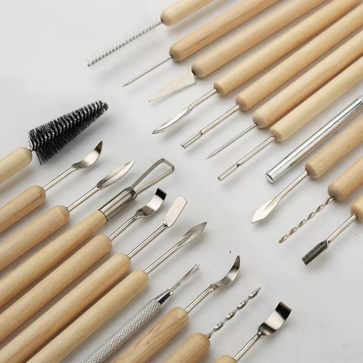 Wood Chisel Set - ชุดเครื่องมือปั้นดินเผา 1 ชุด ชุดเครื่องมือแกะสลักดินโพลิเมอร์เซรามิกสองด้าน พร้อมด้ามจับไม้เรียบ
