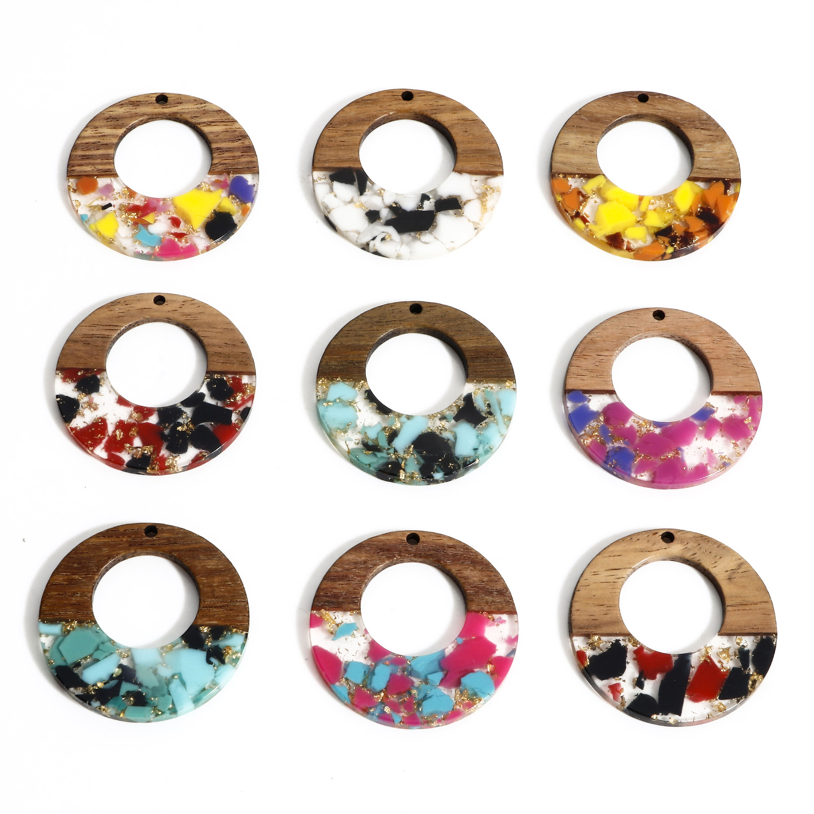 Woodworking Resin - จี้ไม้โบราณ 2 ชิ้น รูปทรงกลม โปร่ง ทำจากไม้ประกบเรซิ่น